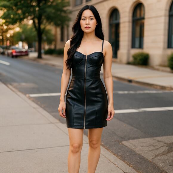Haute Monde Dresses & Skirts - Haute Monde Black Faux Leather Zip Front Dress - Size M